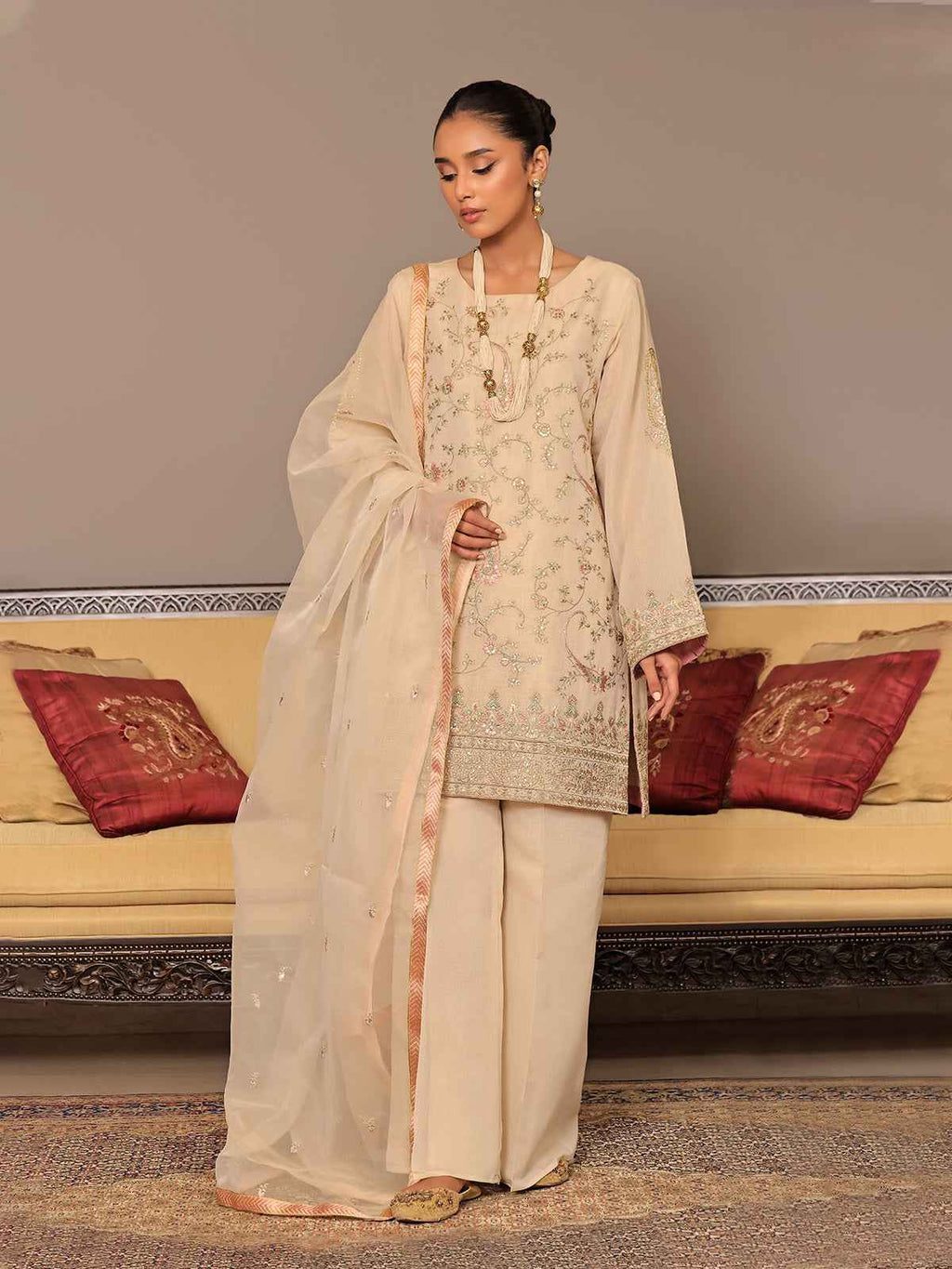 3Pc Embroidered Suit Pret Masoori Beige - OWE3P-2311004