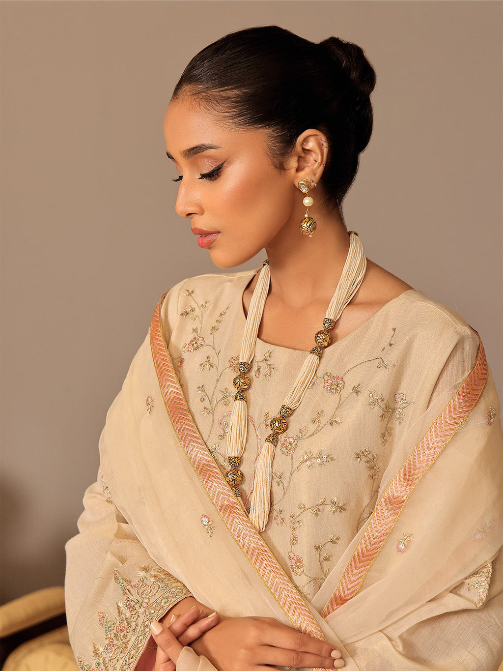 3Pc Embroidered Suit Pret Masoori Beige - OWE3P-2311004