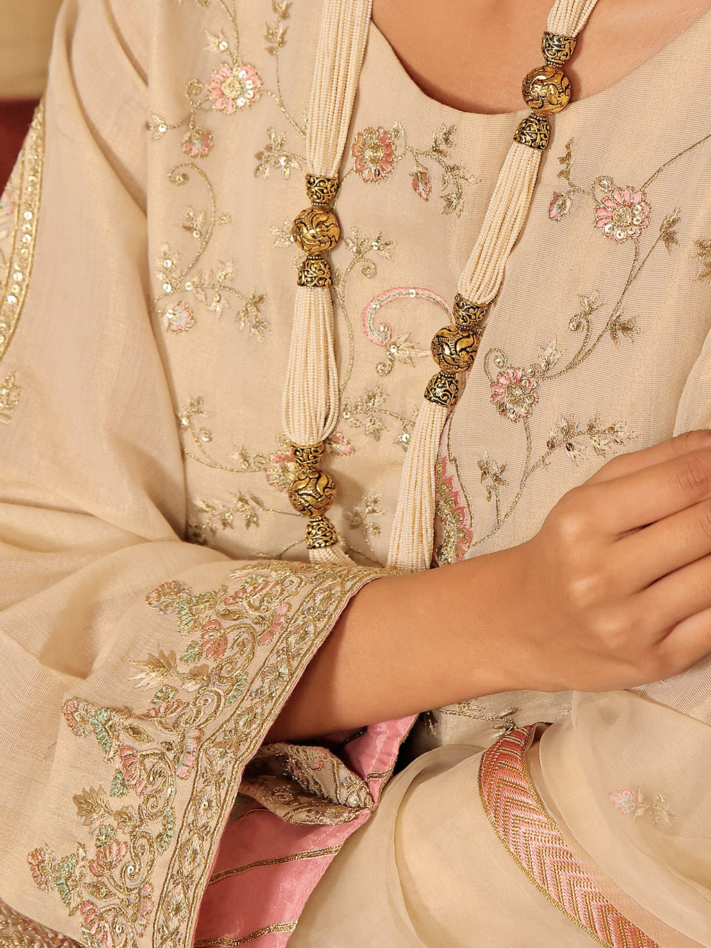 3Pc Embroidered Suit Pret Masoori Beige - OWE3P-2311004