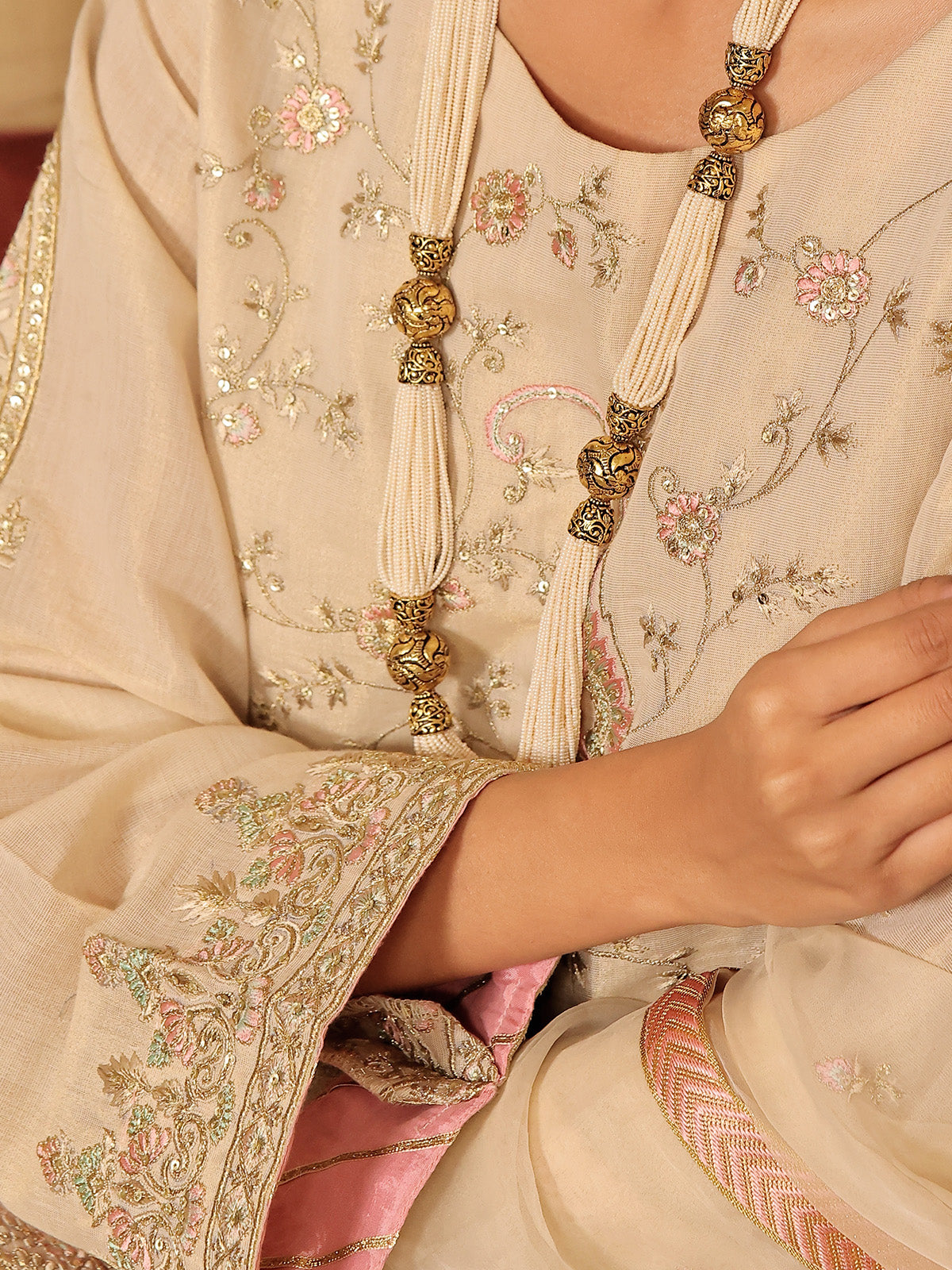 3Pc Embroidered Suit Pret Masoori Beige - OWE3P-2311004