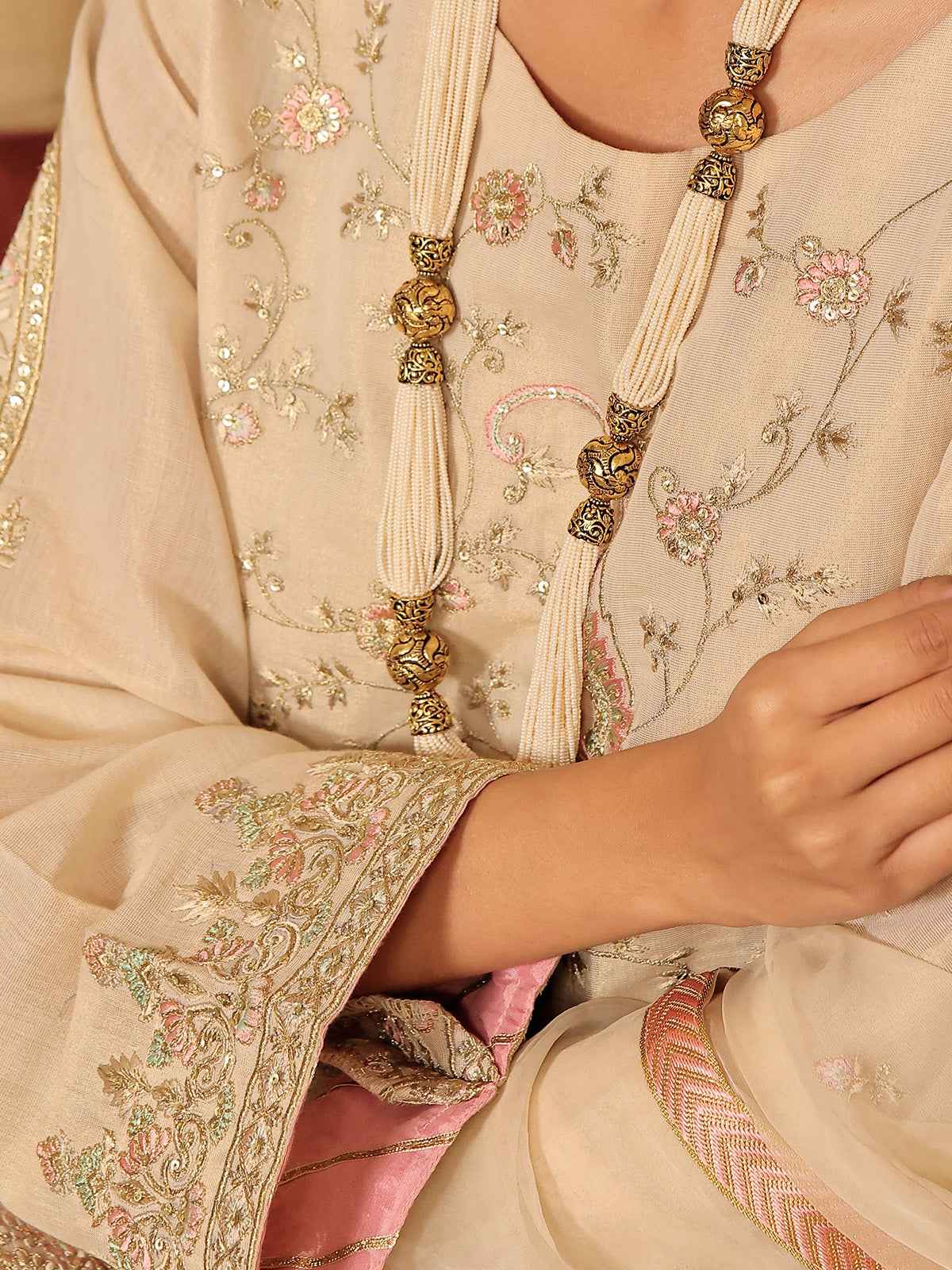 3Pc Embroidered Suit Pret Masoori Beige - OWE3P-2311004