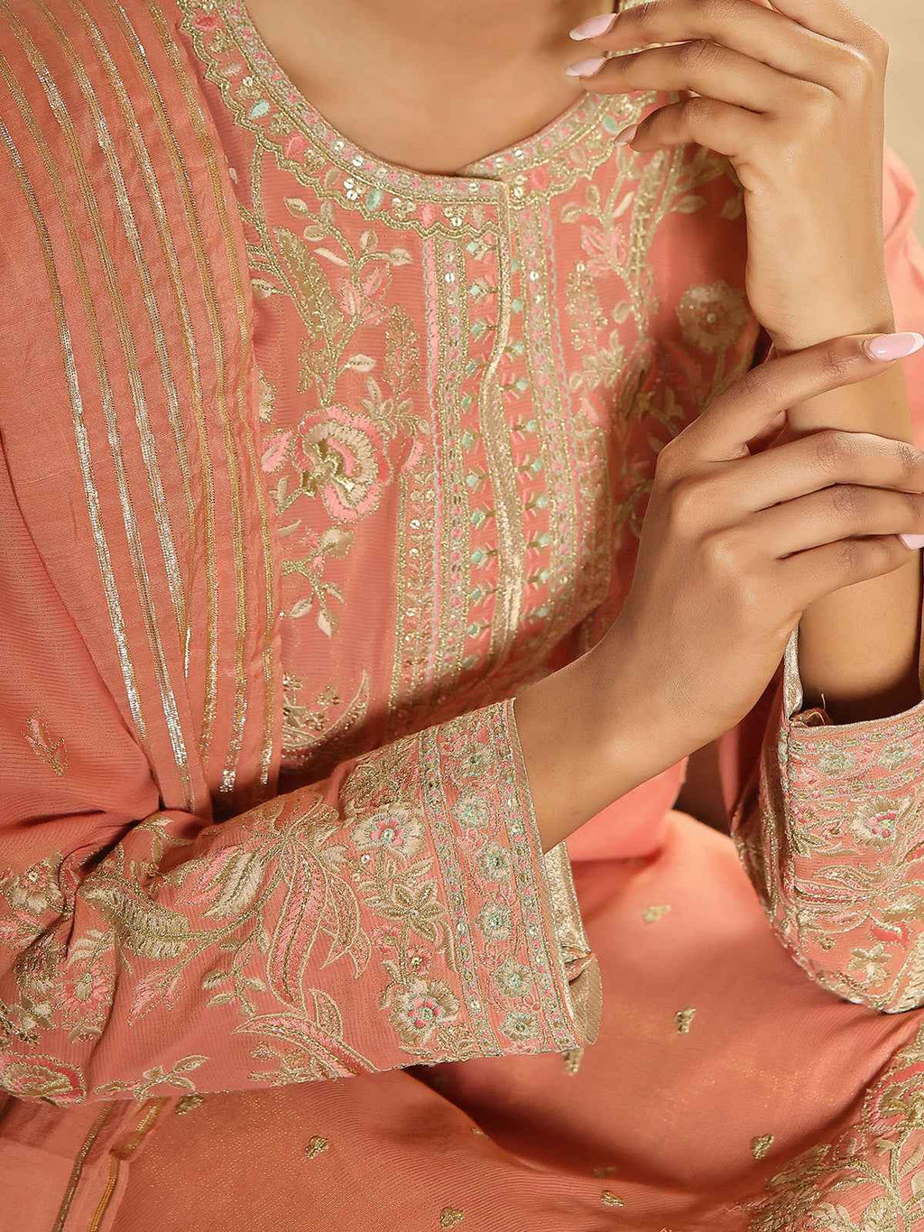 3Pc Embroidered Suit Pret Masoori Peach - OWE3P-2311007