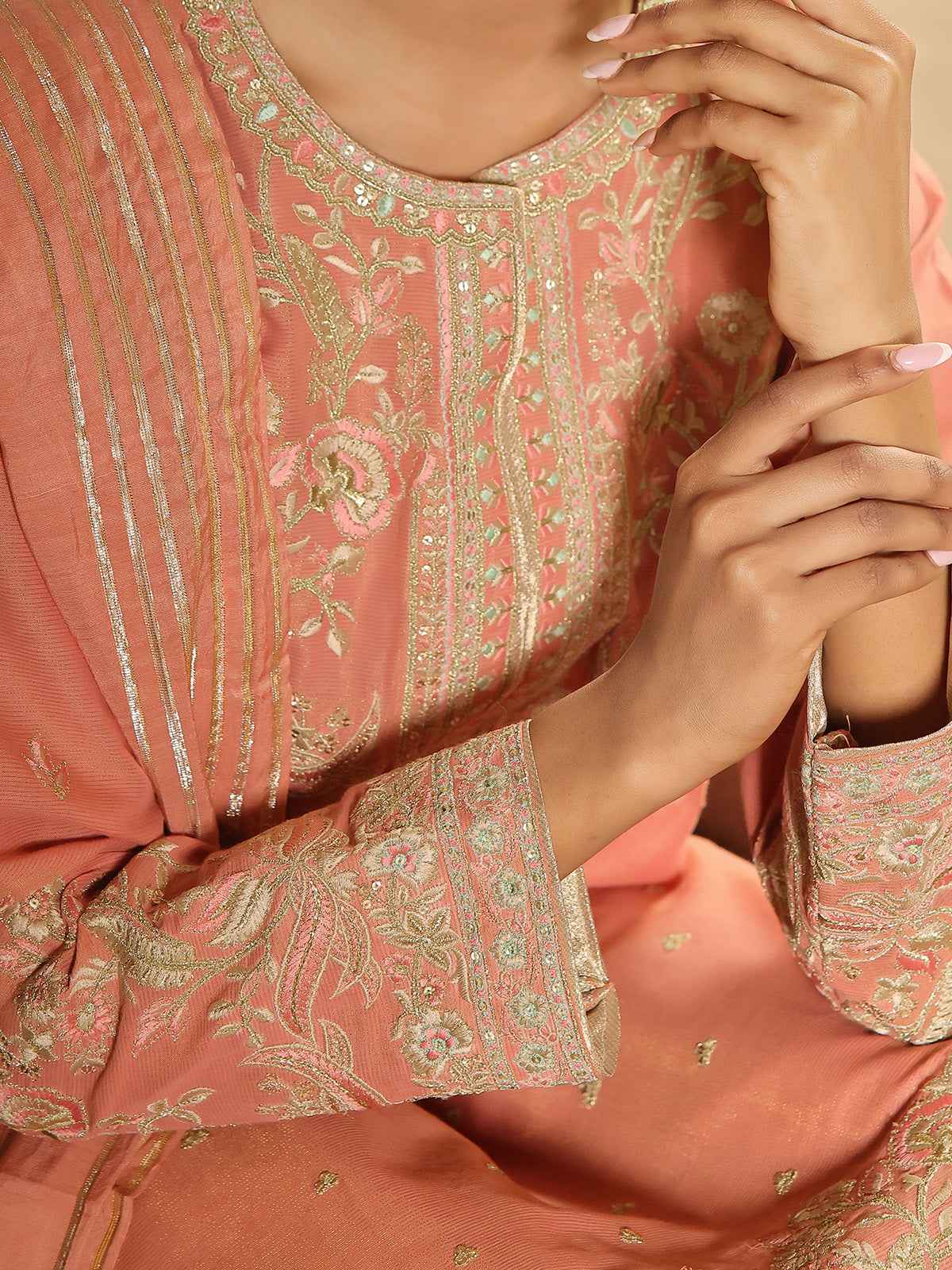 3Pc Embroidered Suit Pret Masoori Peach - OWE3P-2311007