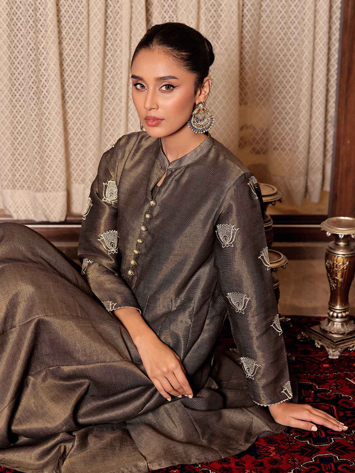 1Pc Embroidered Pret Kurti Masoori Dark Grey - OWEKT-2311001