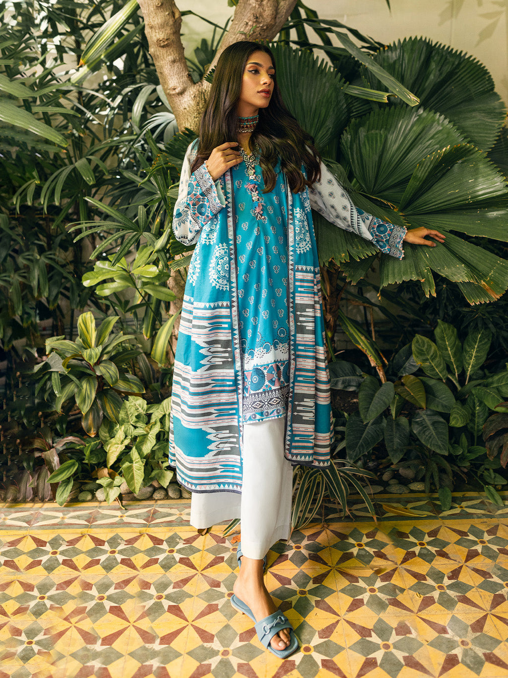 2Pc Printed Pret Shirt Dupatta Cambric Ferozi - OW2P-2309006