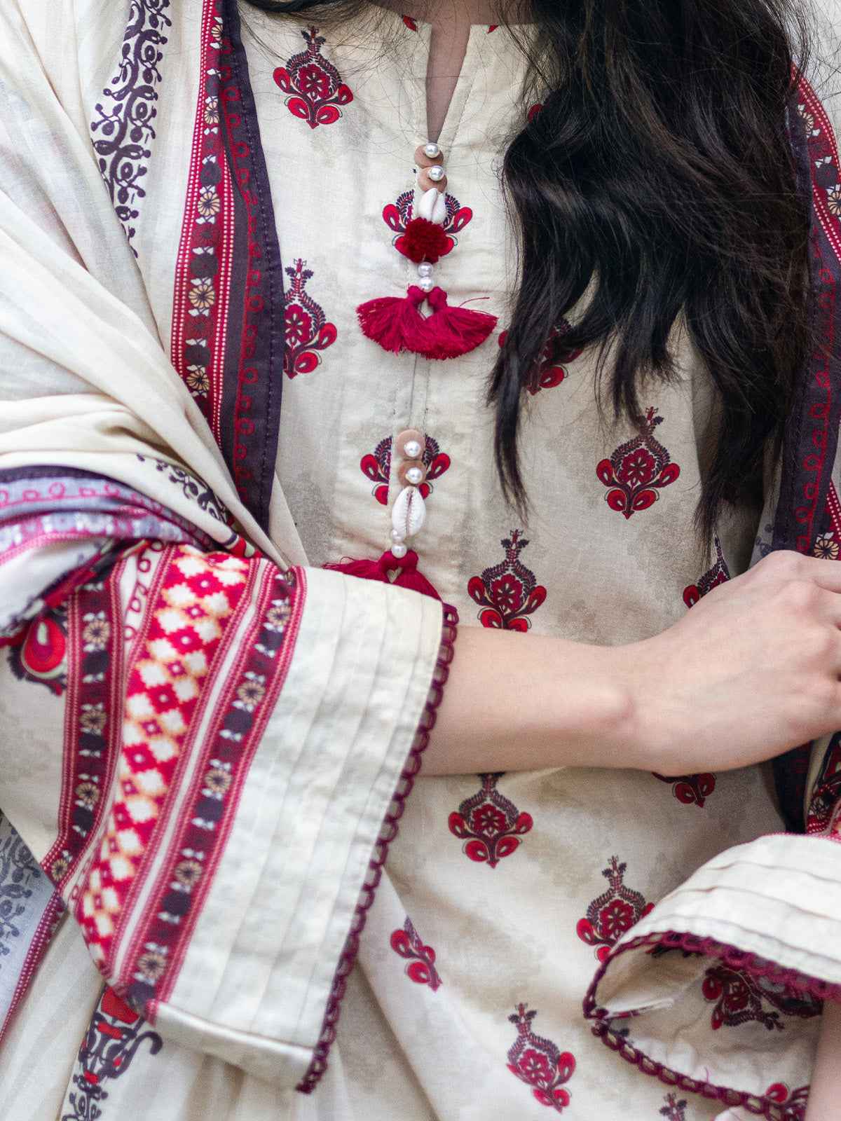 2Pc Printed Pret Shirt Dupatta Cambric Cream - OW2P-2309007