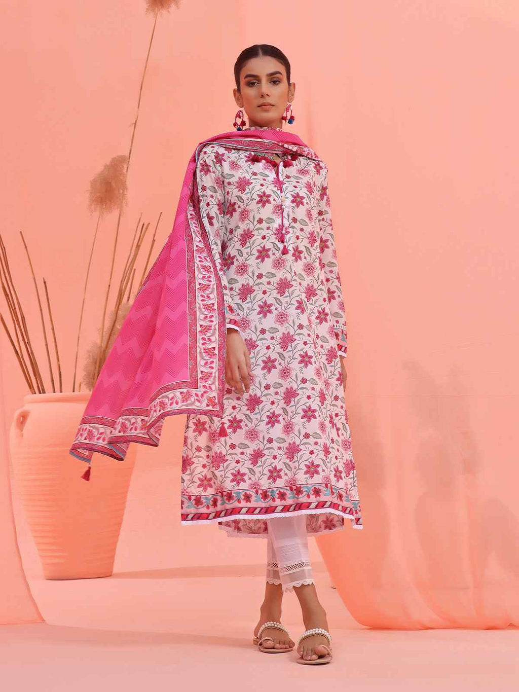 2Pc Printed Pret Shirt Dupatta Lawn White & Pink - OW2P-2401021