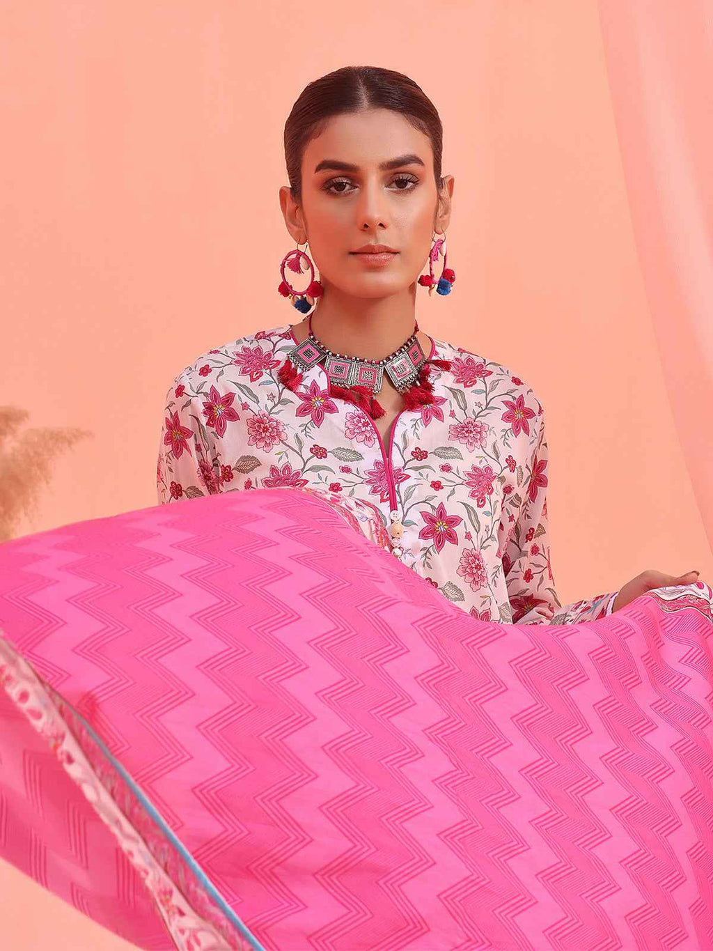 2Pc Printed Pret Shirt Dupatta Lawn White & Pink - OW2P-2401021