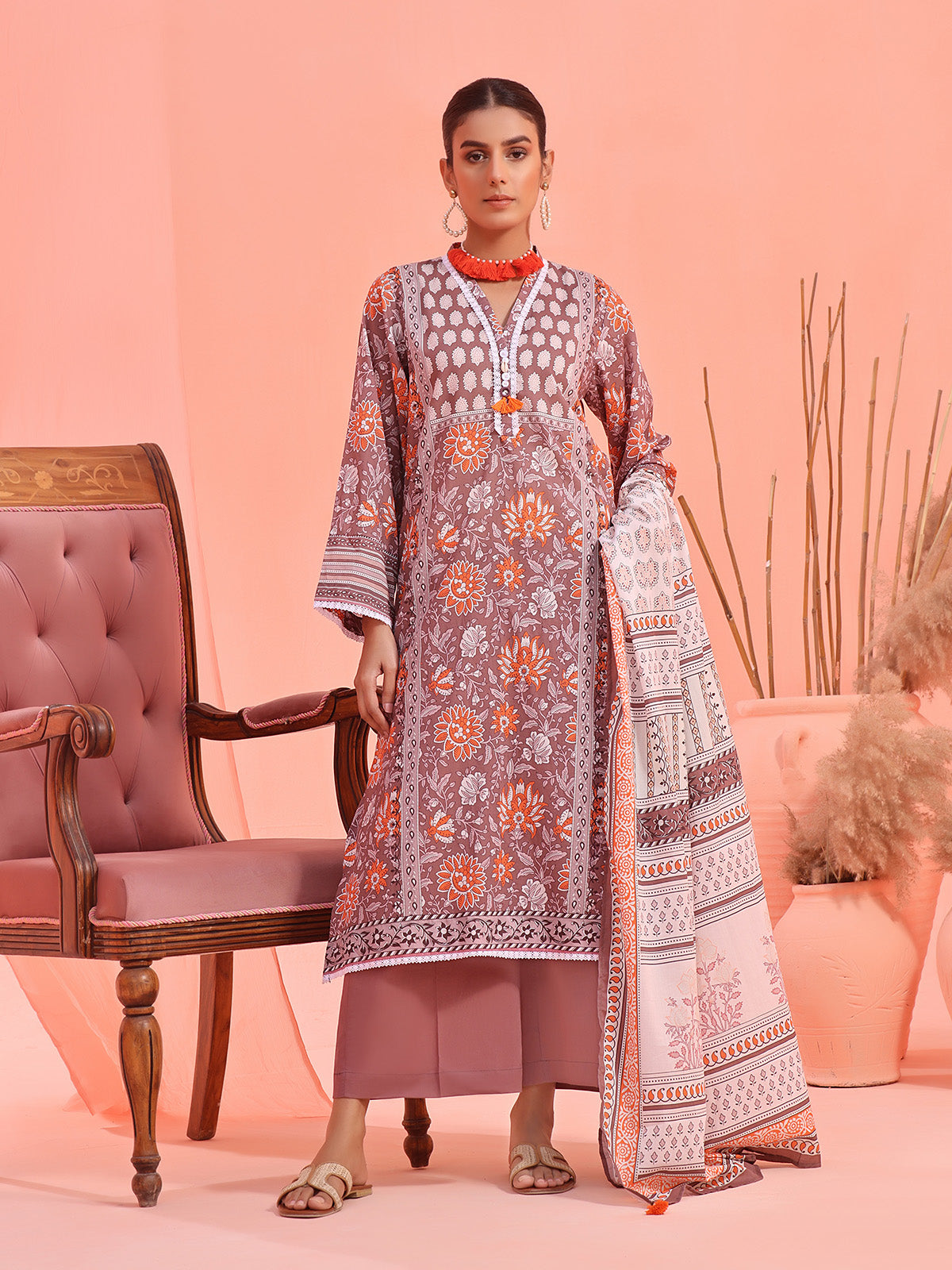 2Pc Printed Pret Shirt Dupatta Lawn Brown - OW2P-2401022