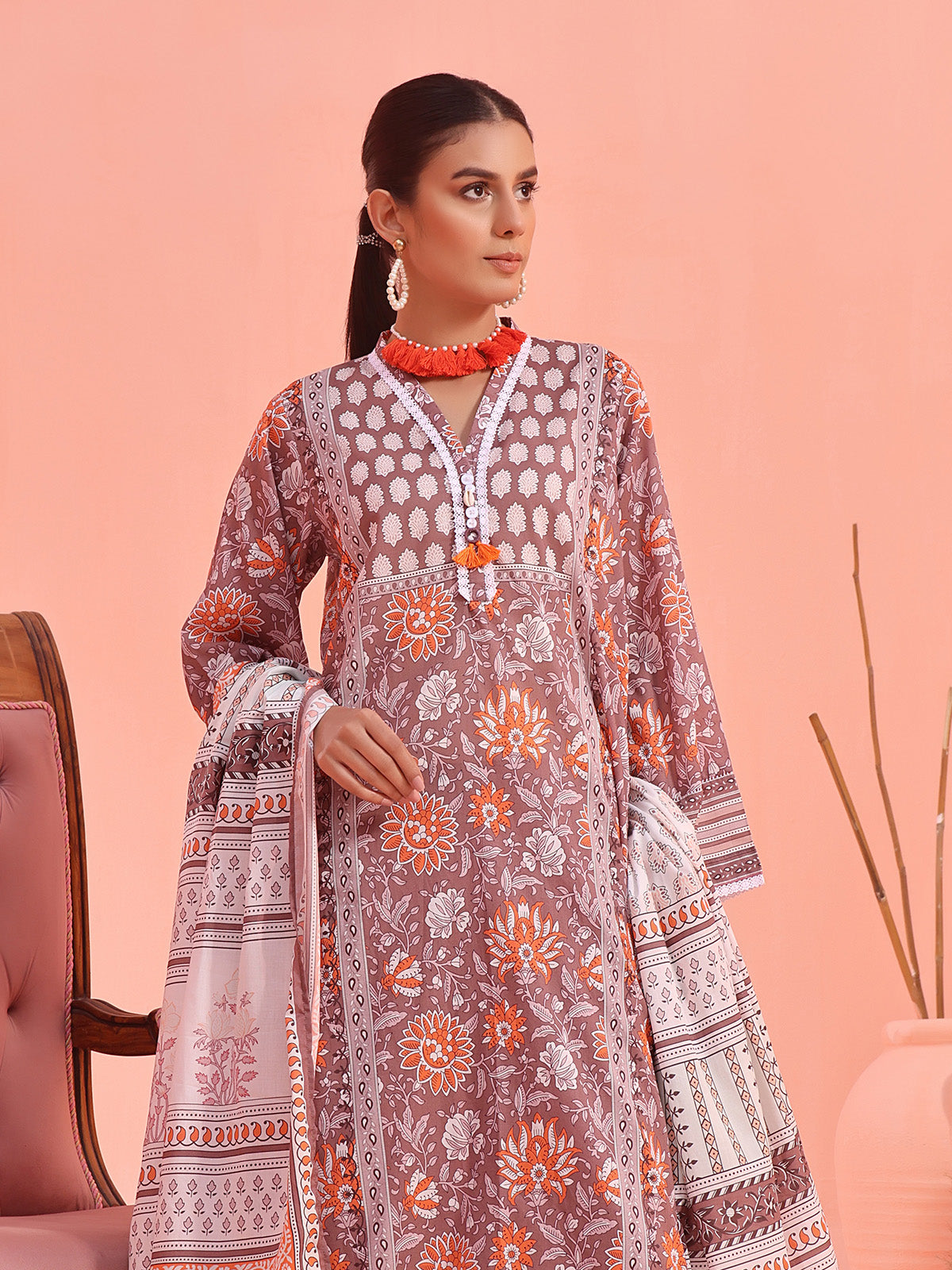 2Pc Printed Pret Shirt Dupatta Lawn Brown - OW2P-2401022