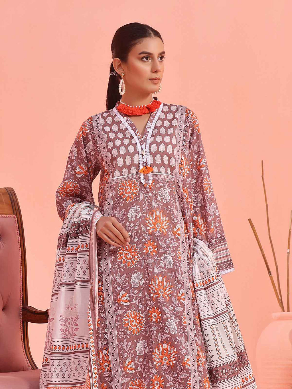 2Pc Printed Pret Shirt Dupatta Lawn Brown - OW2P-2401022