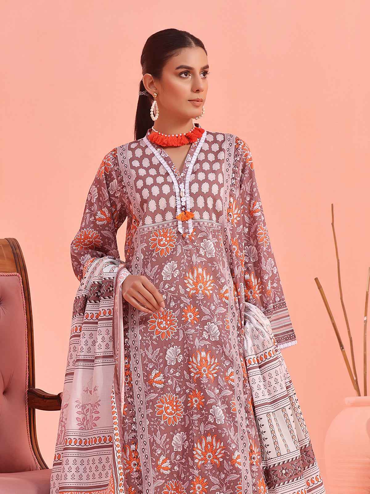 2Pc Printed Pret Shirt Dupatta Lawn Brown - OW2P-2401022