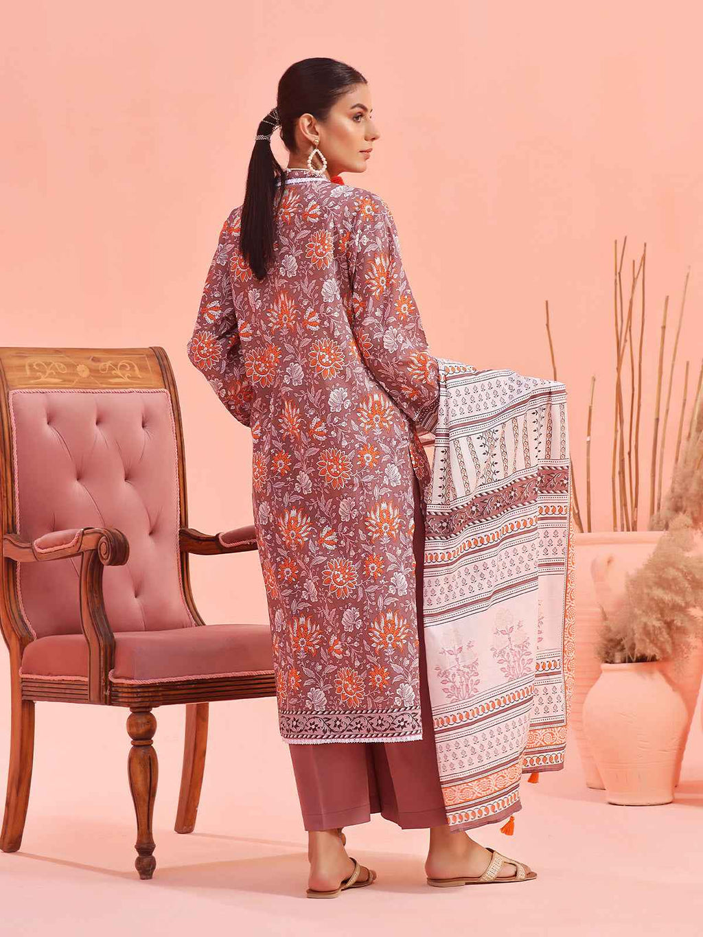 2Pc Printed Pret Shirt Dupatta Lawn Brown - OW2P-2401022
