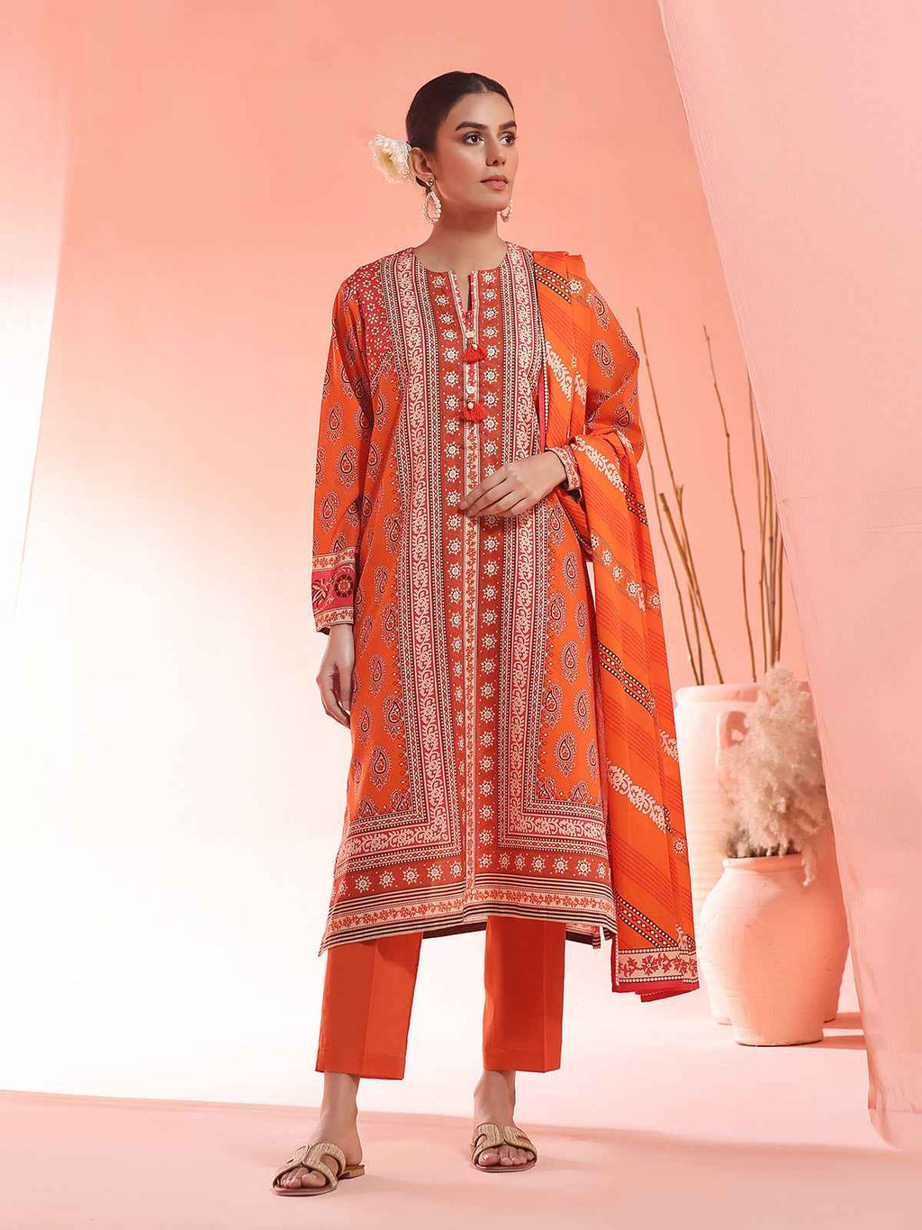 2Pc Printed Pret Shirt Dupatta Lawn Orange - OW2P-2401023
