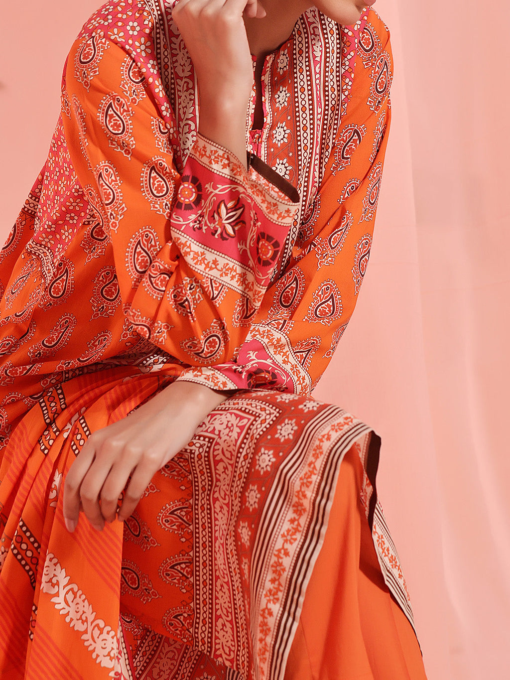 2Pc Printed Pret Shirt Dupatta Lawn Orange - OW2P-2401023