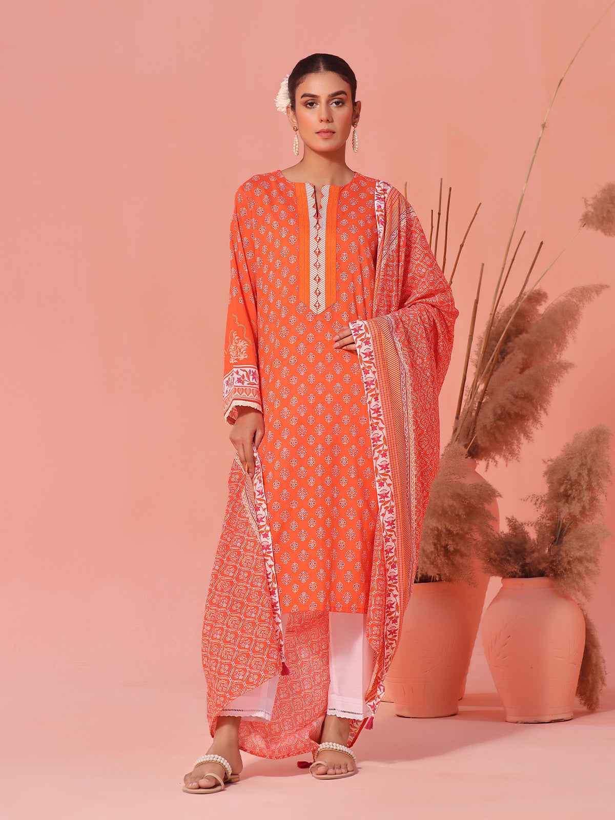 2Pc Printed Pret Shirt Dupatta Lawn Orange - OW2P-2401037
