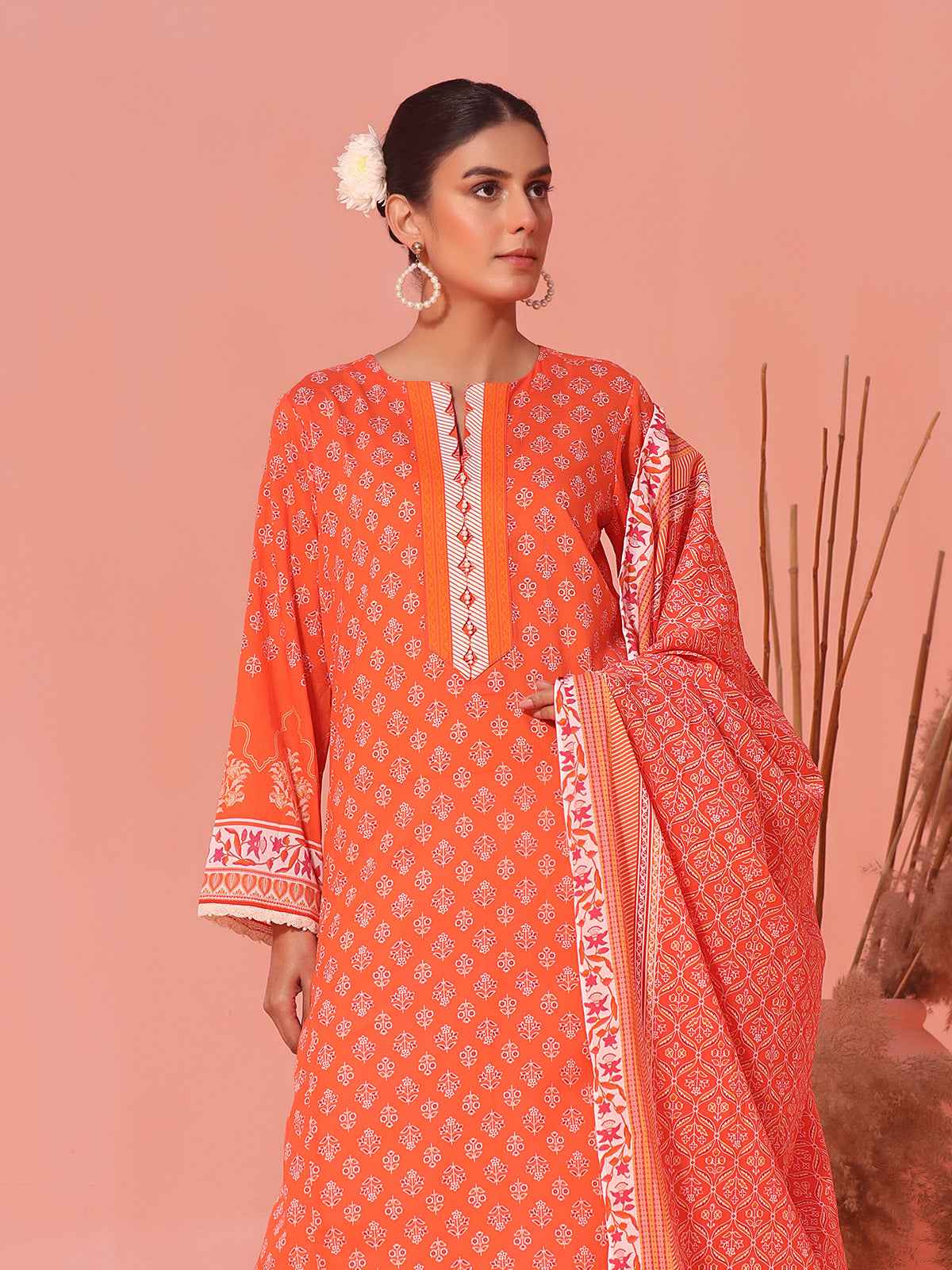 2Pc Printed Pret Shirt Dupatta Lawn Orange - OW2P-2401037
