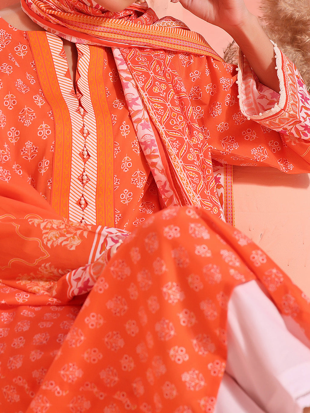 2Pc Printed Pret Shirt Dupatta Lawn Orange - OW2P-2401037
