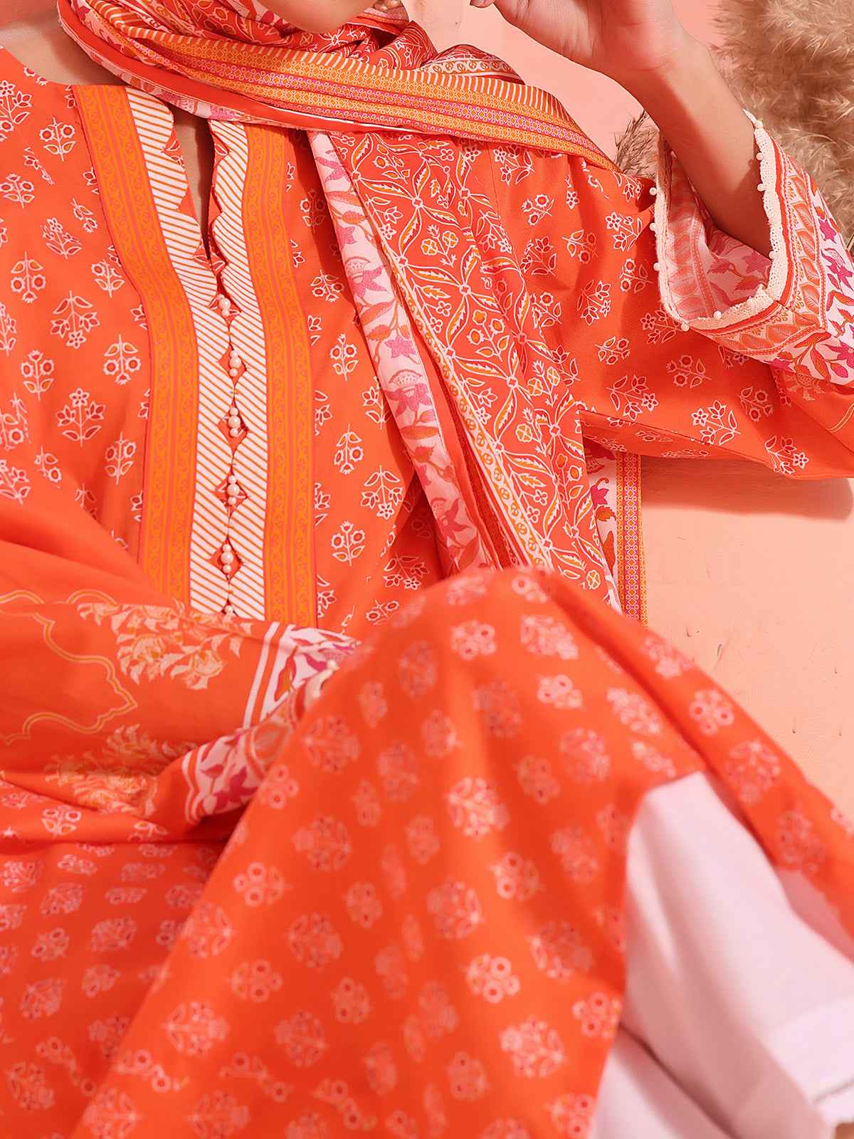 2Pc Printed Pret Shirt Dupatta Lawn Orange - OW2P-2401037