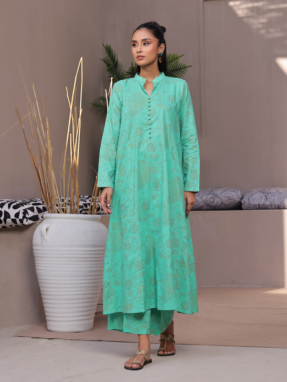 2Pc Printed Pret Shirt Trouser Lawn Sea Green - OW2P-2404001