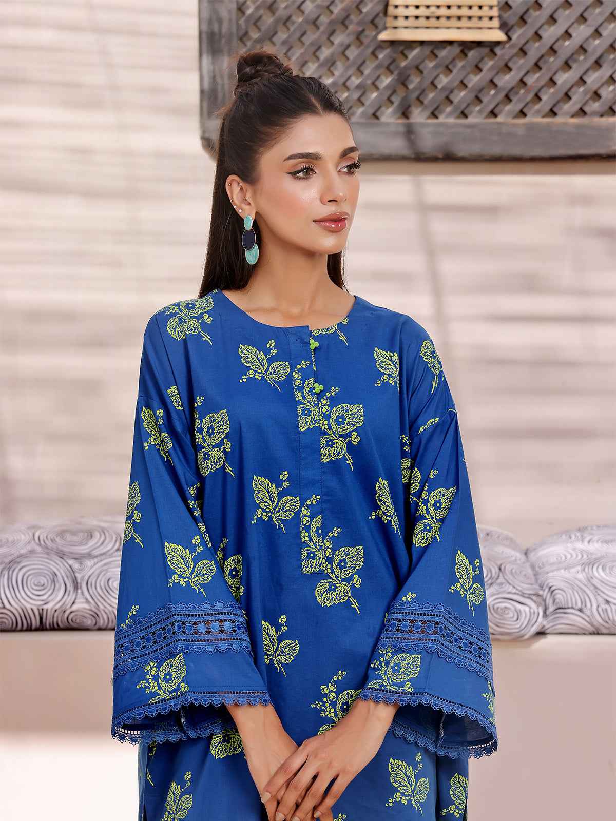 2Pc Printed Pret Shirt Trouser Lawn Blue & Green - OW2P-2404006