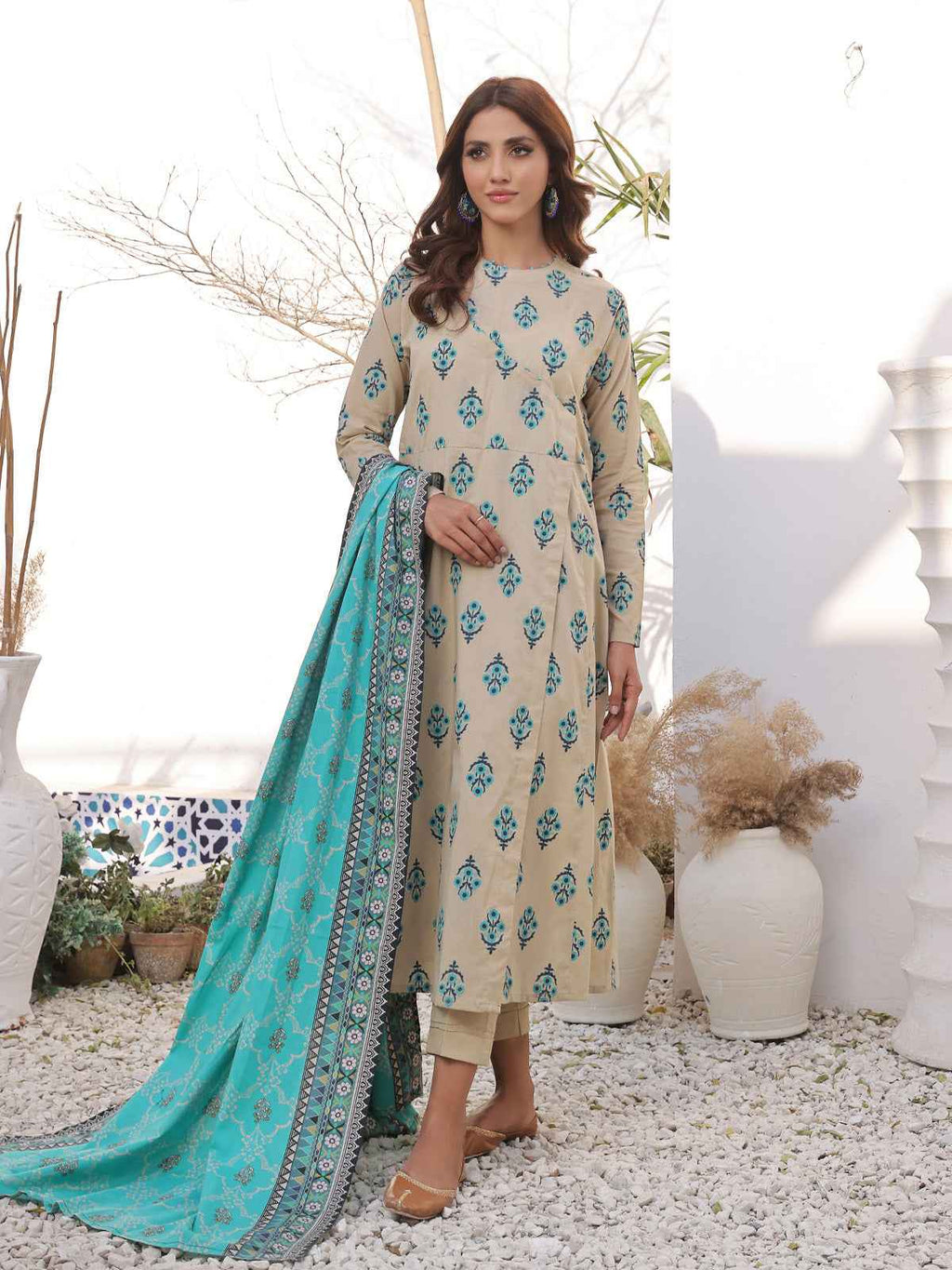2Pc Printed Pret Shirt Dupatta Lawn Beige & Ferozi - OW2PG-2310030