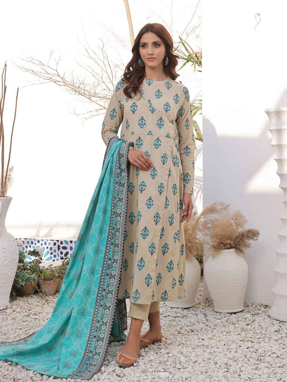 2Pc Printed Pret Shirt Dupatta Lawn Beige & Ferozi - OW2PG-2310030