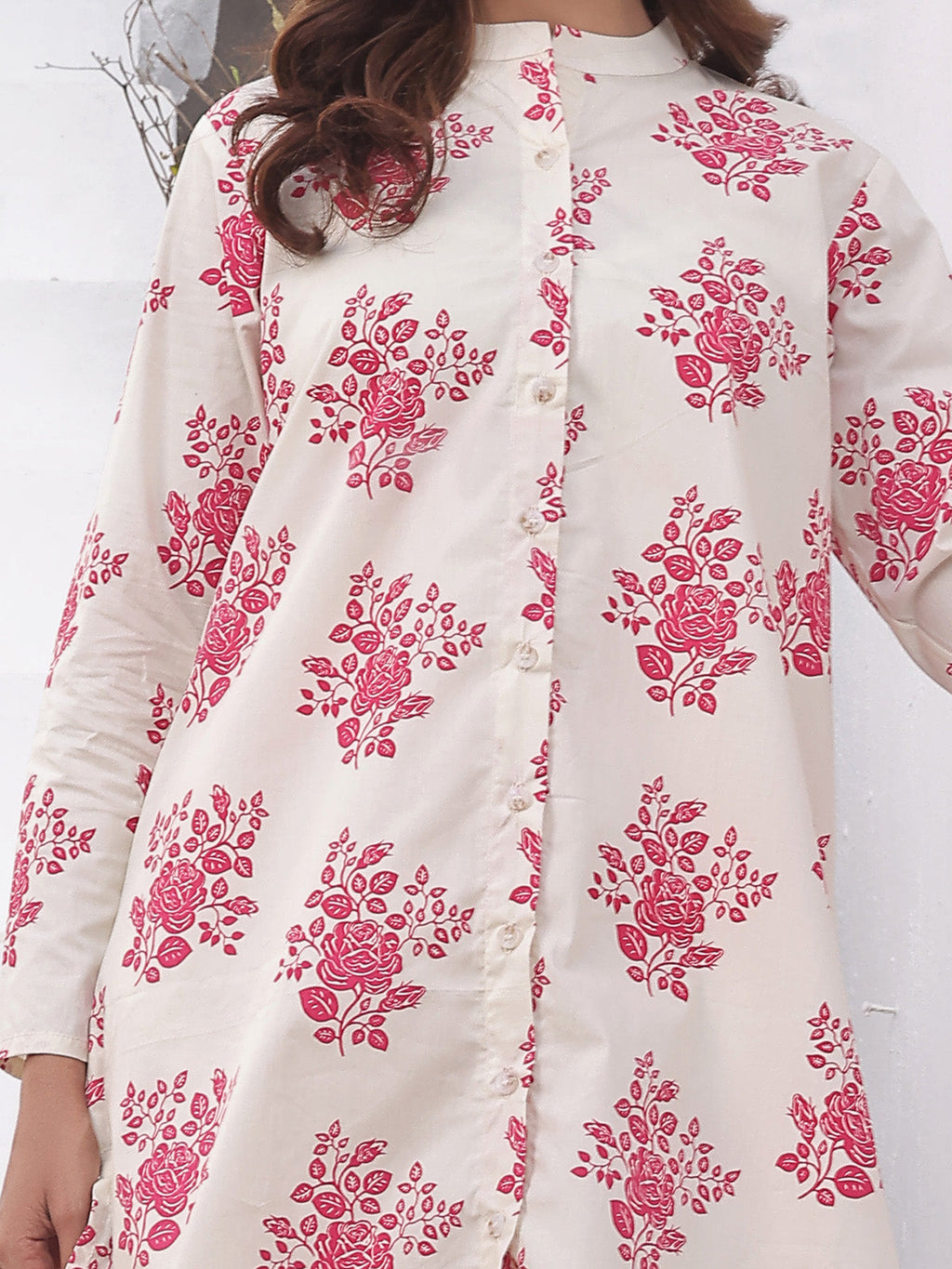 3Pc Printed Suit Pret Cotton Off White & Pink - OW3PG-2310026
