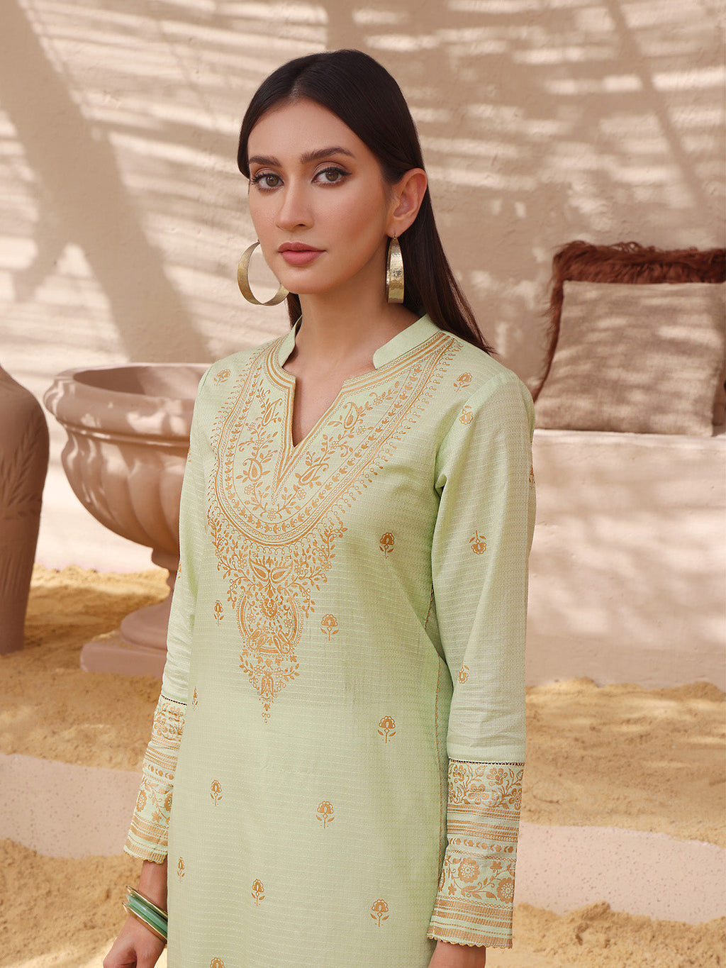 1Pc Printed Pret Kurti Dobby Green - OWKT-2308002
