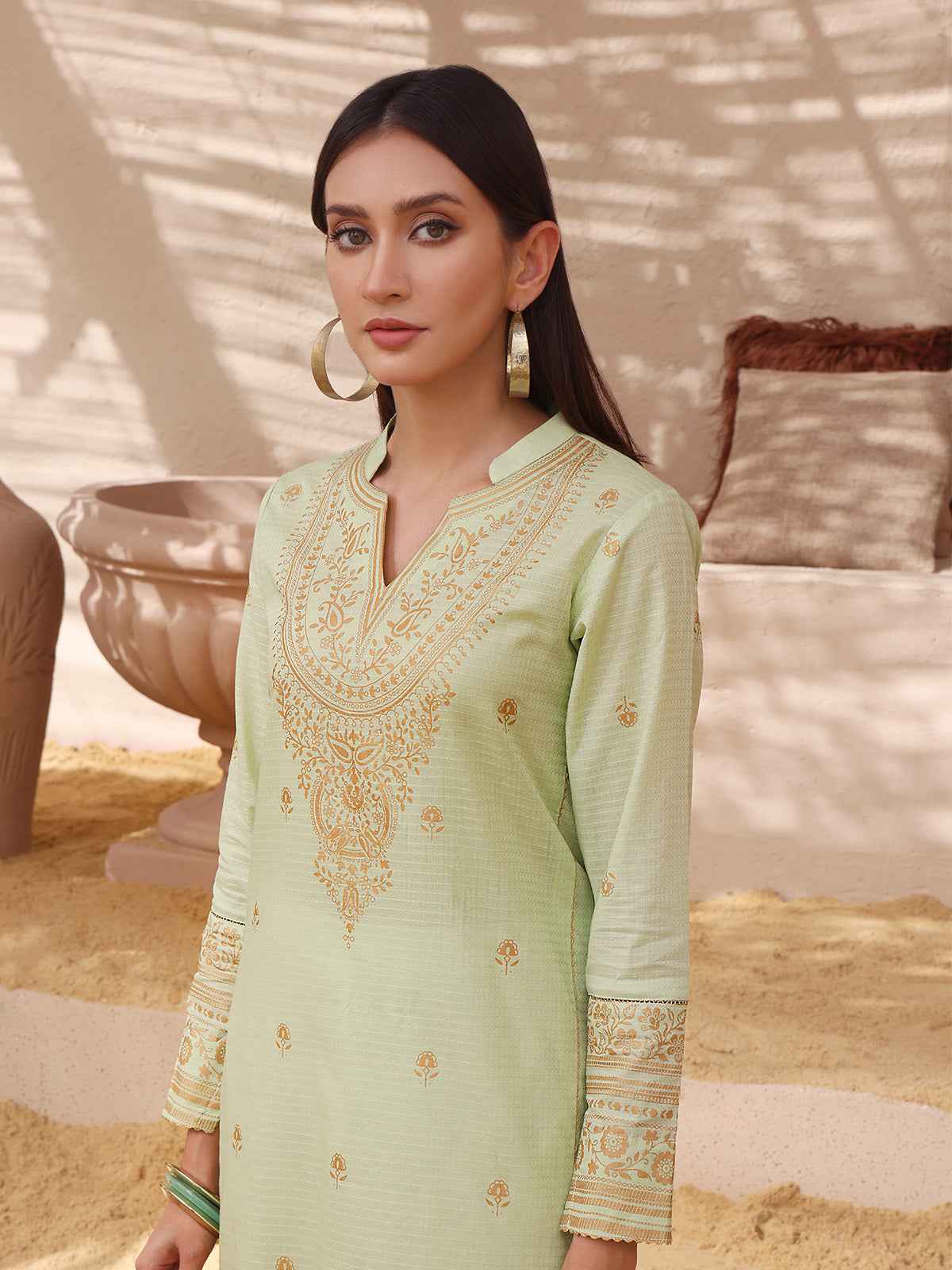 1Pc Printed Pret Kurti Dobby Green - OWKT-2308002
