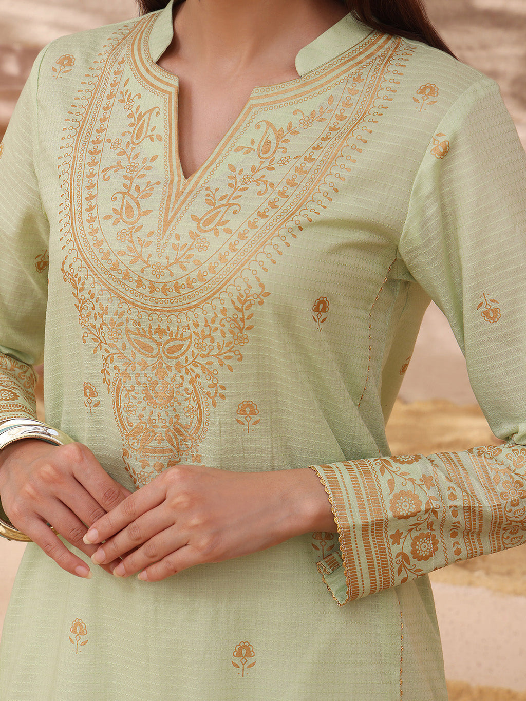 1Pc Printed Pret Kurti Dobby Green - OWKT-2308002