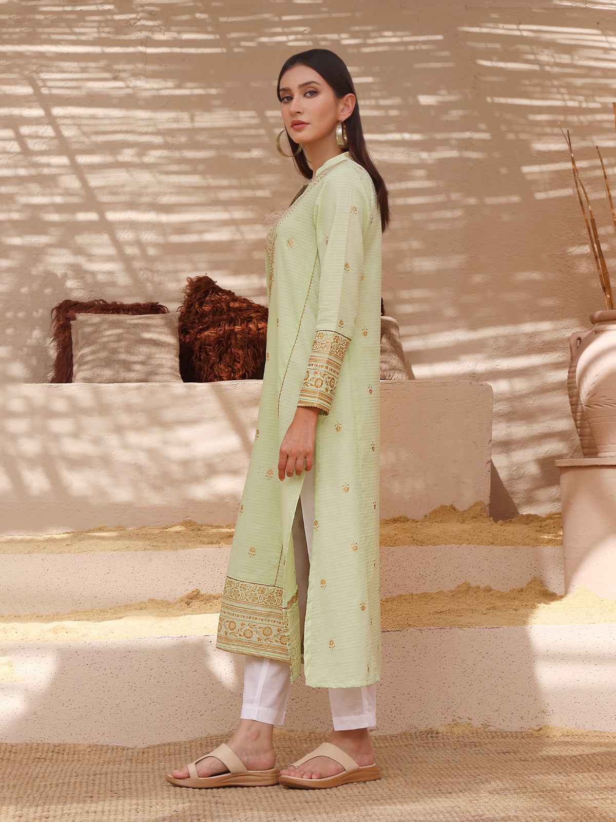 1Pc Printed Pret Kurti Dobby Green - OWKT-2308002