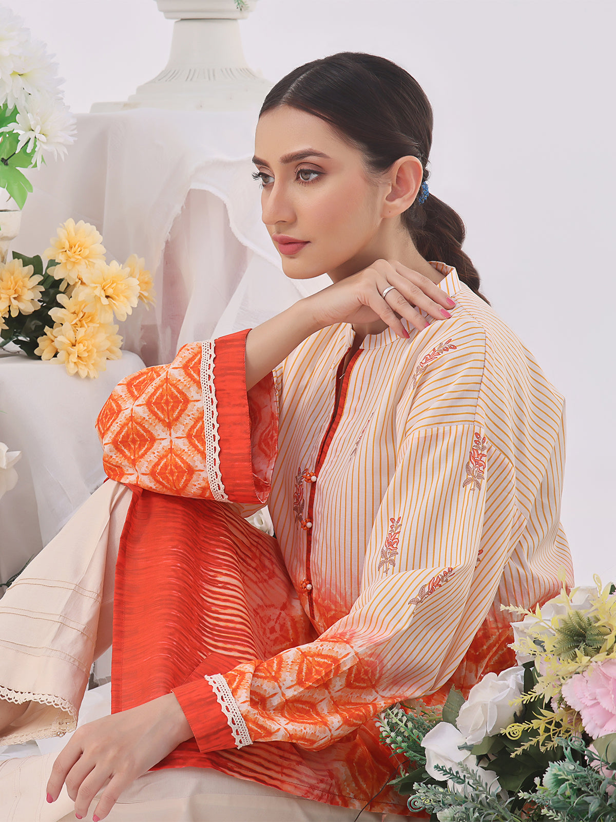 1Pc Printed Pret Kurti Lawn Orange - OWKT-2401001