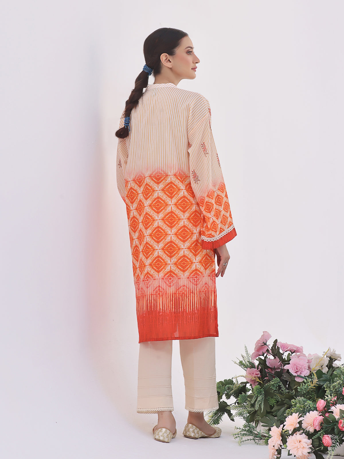 1Pc Printed Pret Kurti Lawn Orange - OWKT-2401001