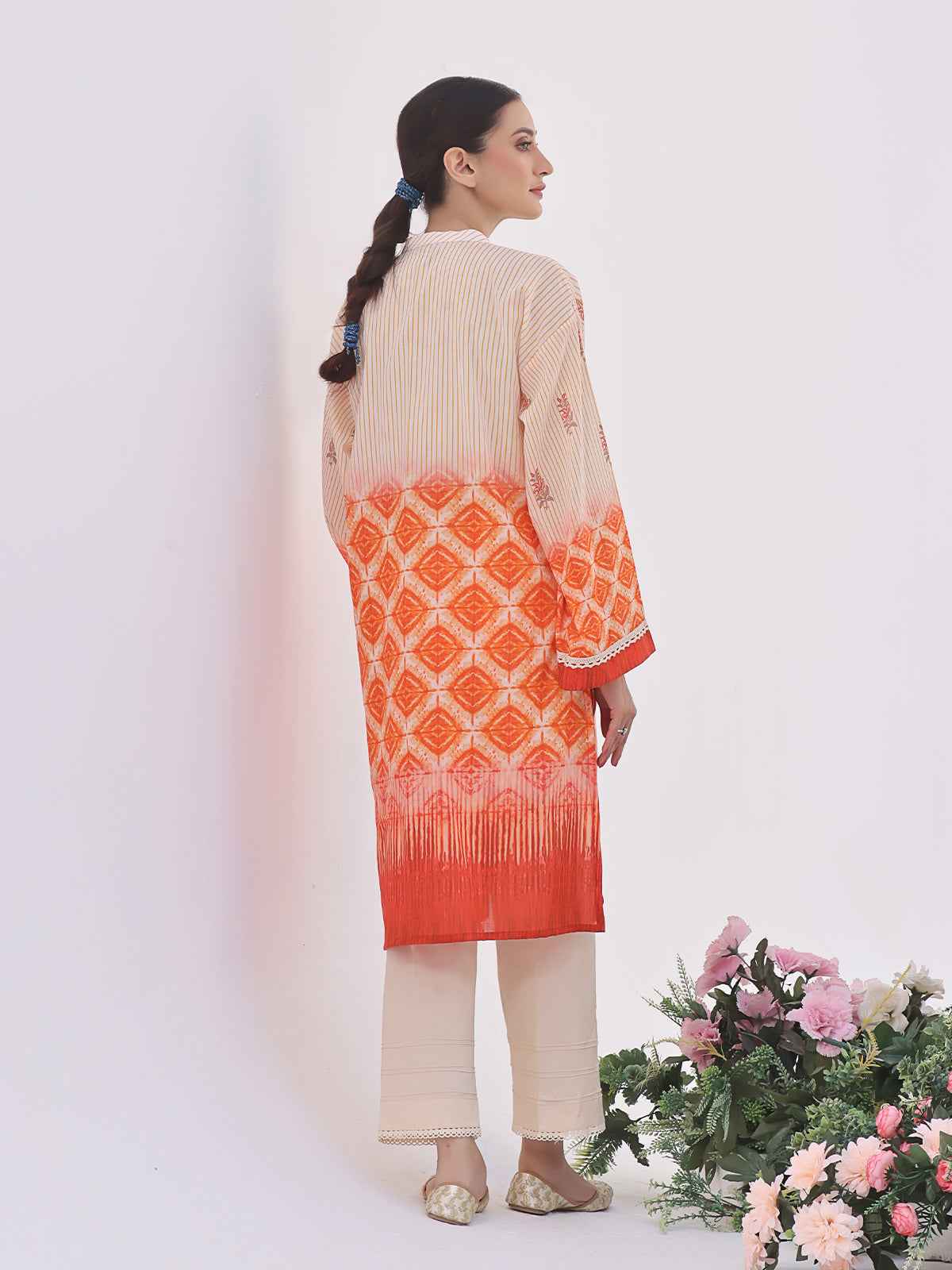 1Pc Printed Pret Kurti Lawn Orange - OWKT-2401001