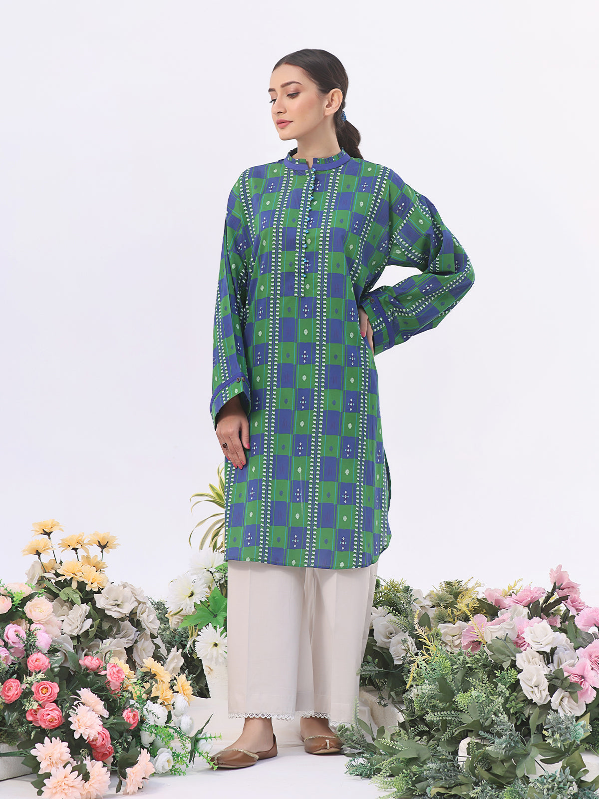 1Pc Printed Pret Kurti Lawn Green - OWKT-2401002