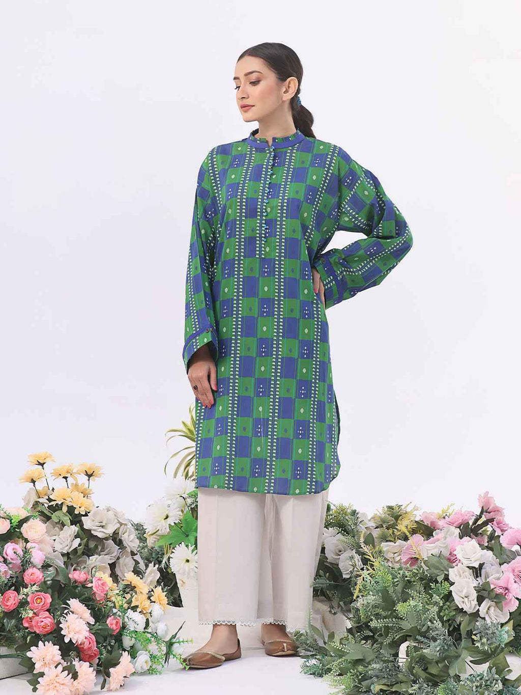 1Pc Printed Pret Kurti Lawn Green - OWKT-2401002