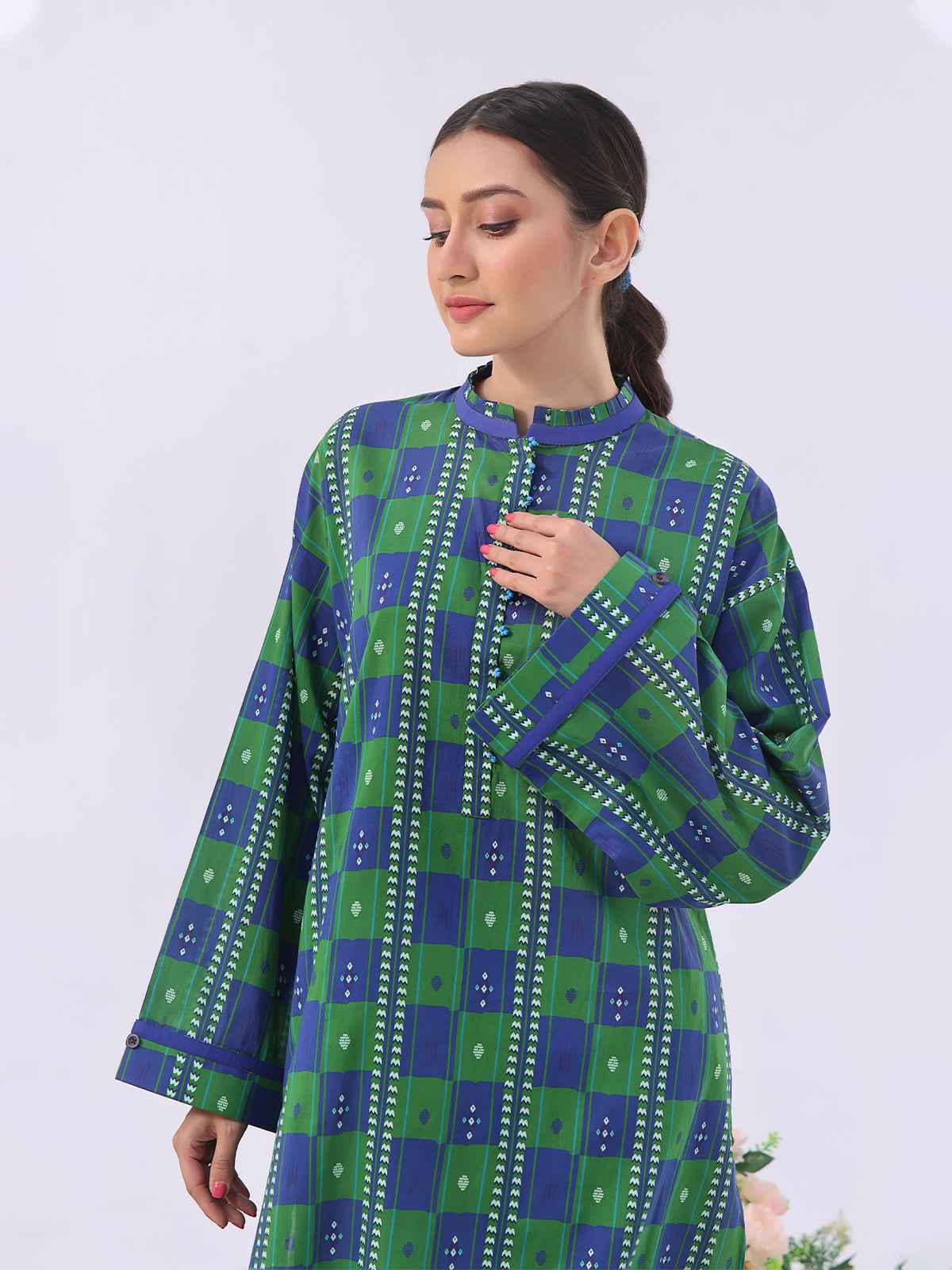 1Pc Printed Pret Kurti Lawn Green - OWKT-2401002