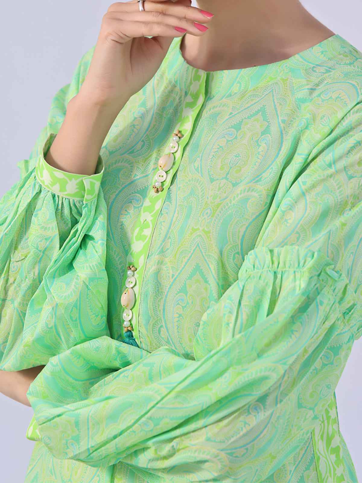 1Pc Printed Pret Kurti Lawn Lime Green - OWKT-2401005
