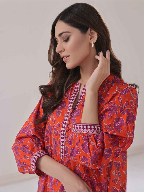 1Pc Printed Pret Kurti Lawn Orange - OWKT-2401008