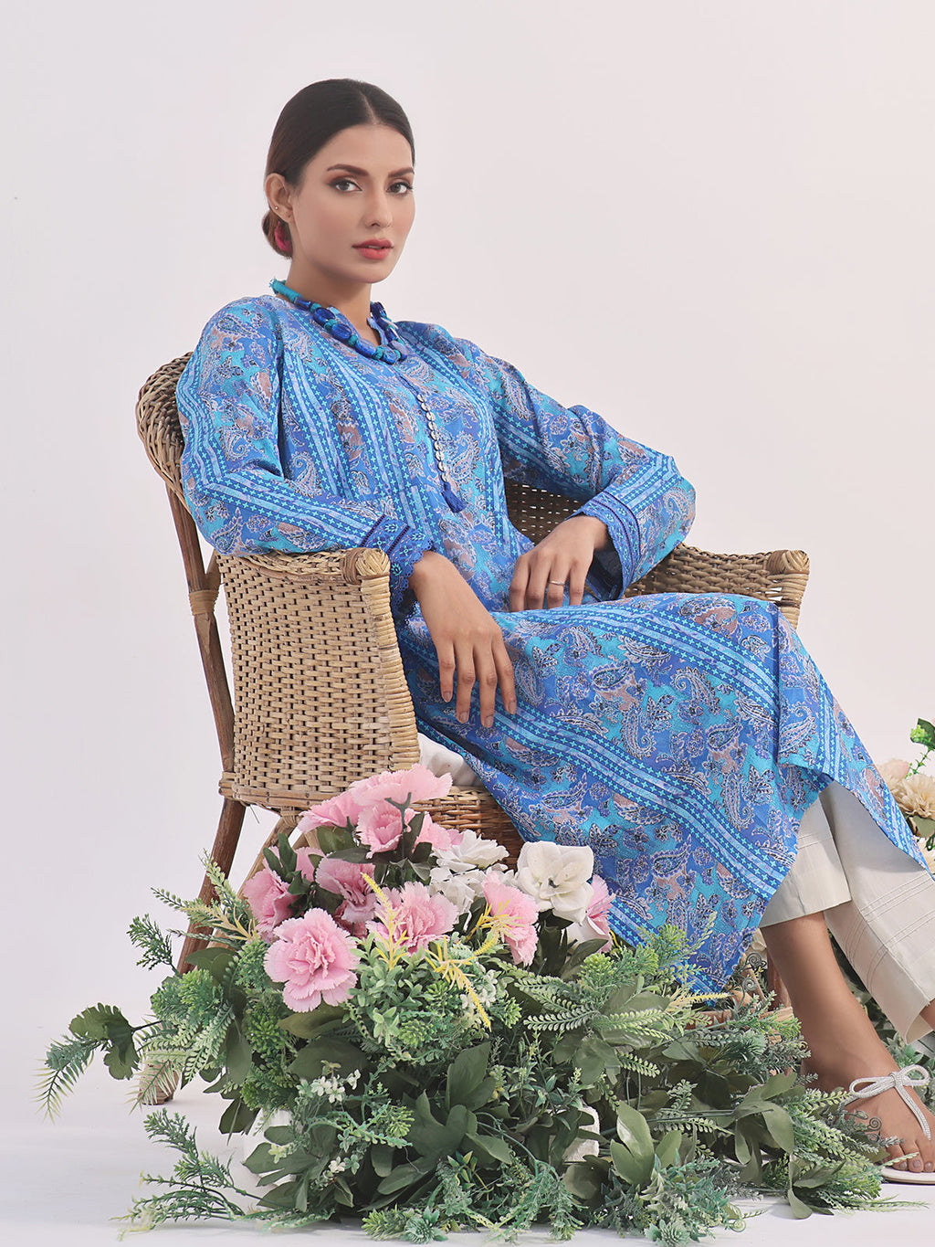 1Pc Printed Pret Kurti Lawn Blue - OWKT-2401009