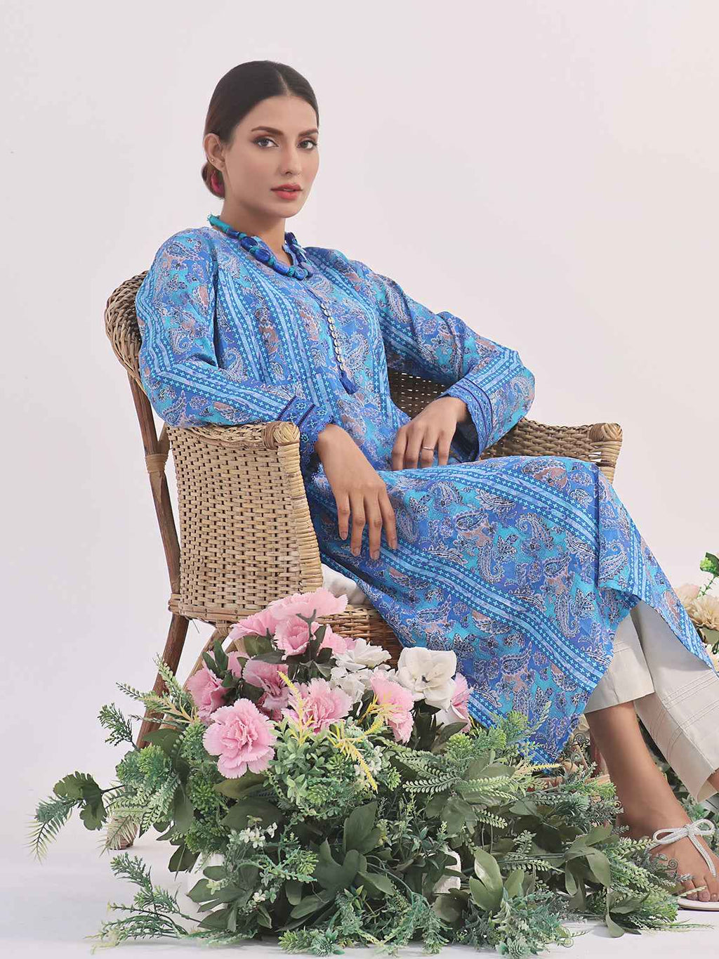 1Pc Printed Pret Kurti Lawn Blue - OWKT-2401009