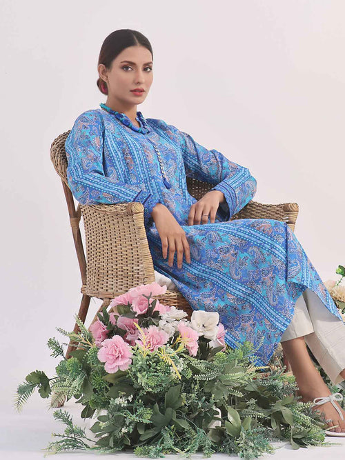 1Pc Printed Pret Kurti Lawn Blue - OWKT-2401009