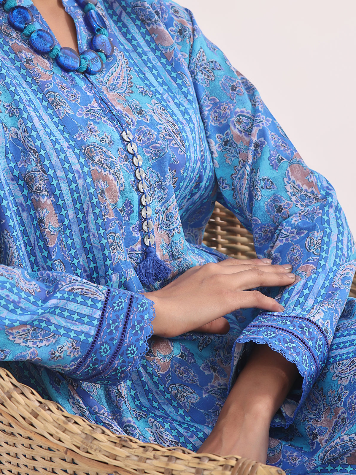 1Pc Printed Pret Kurti Lawn Blue - OWKT-2401009