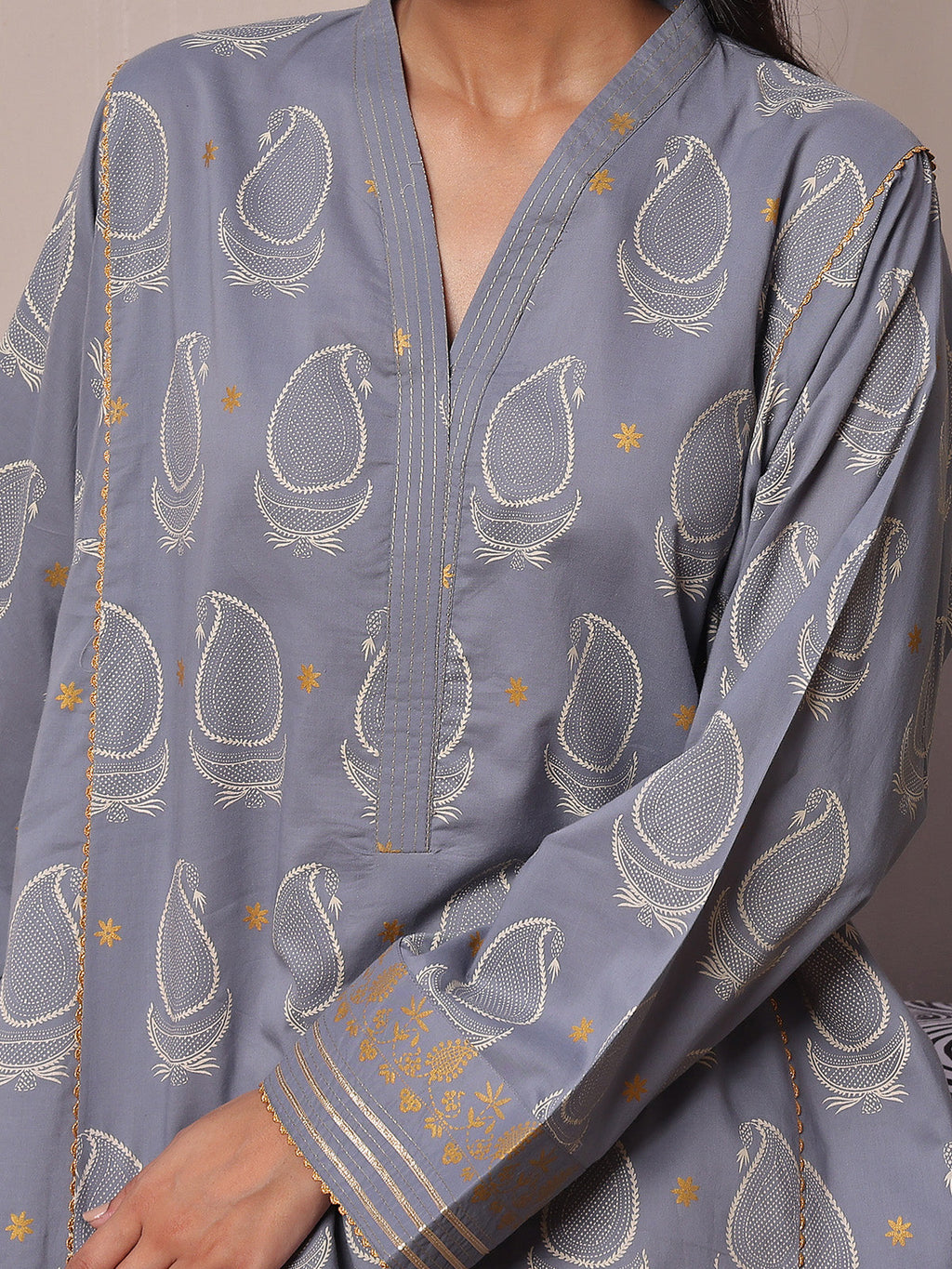 1Pc Printed Pret Kurti Lawn Grey - OWKT-2404003