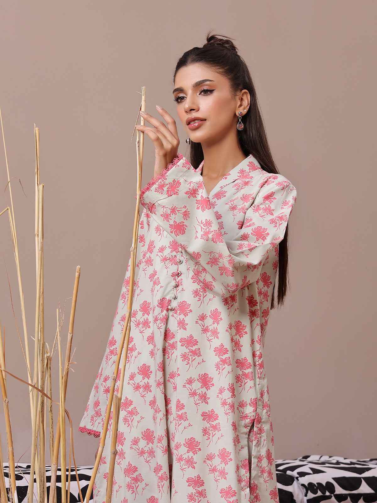 2Pc Printed Pret Shirt Trouser Lawn Beige & Pink - OW2P-2404004