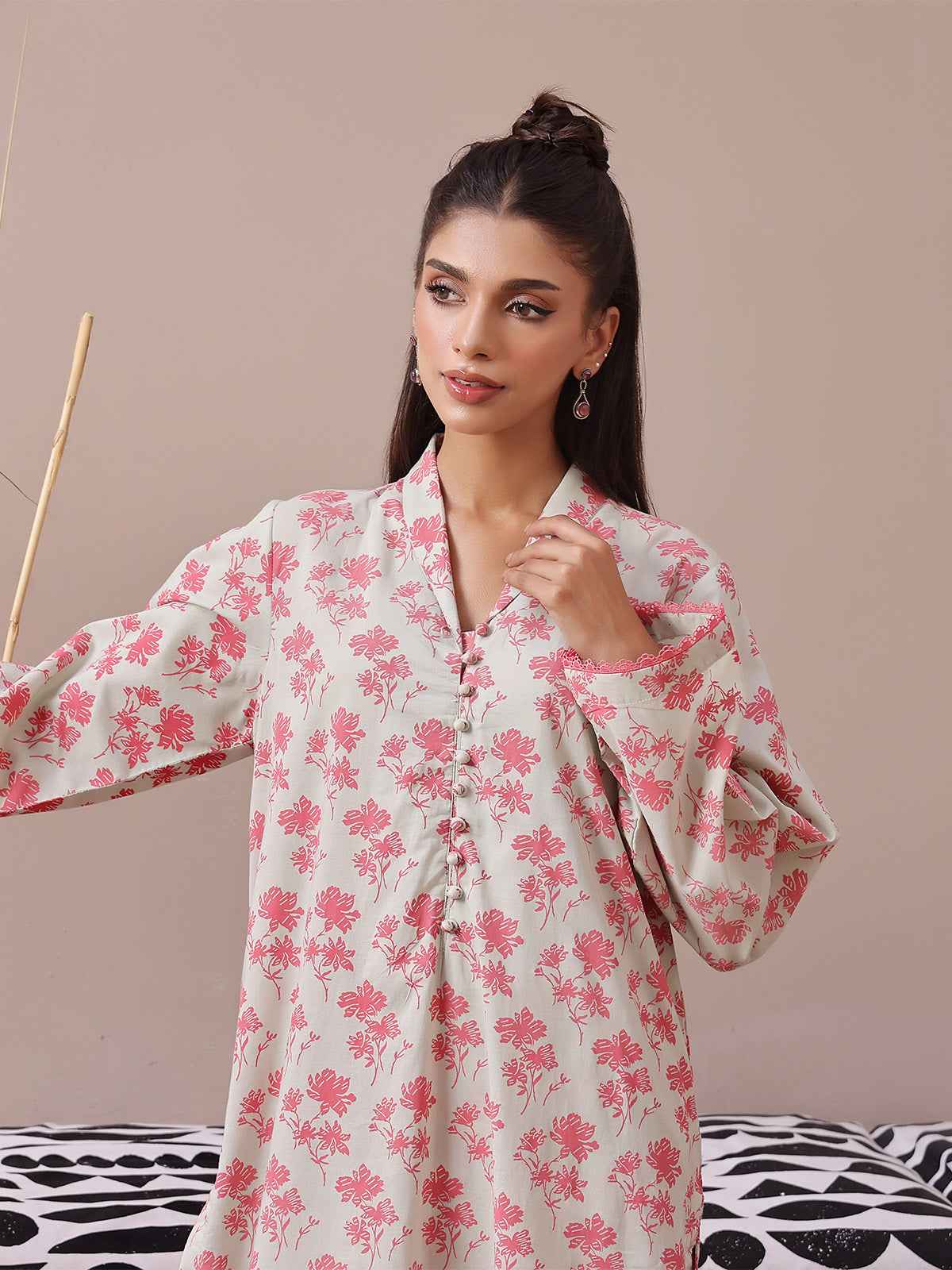 2Pc Printed Pret Shirt Trouser Lawn Beige & Pink - OW2P-2404004