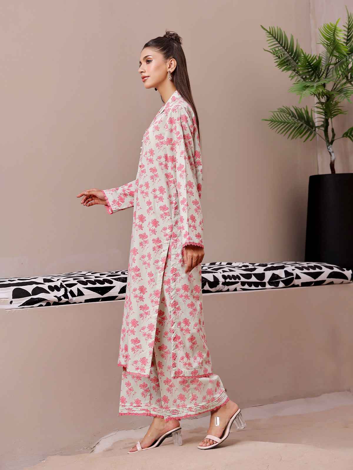 2Pc Printed Pret Shirt Trouser Lawn Beige & Pink - OW2P-2404004