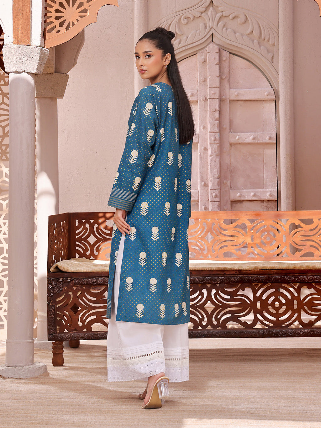 1Pc Printed Pret Kurti Lawn Teal - OWKT-2404002