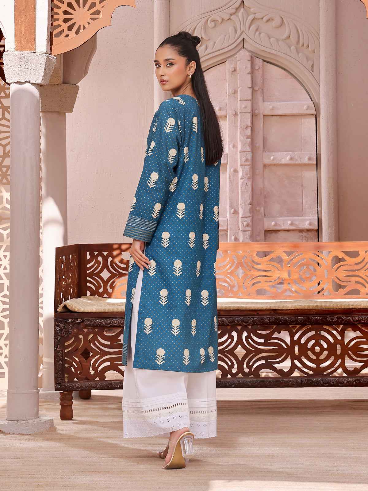 1Pc Printed Pret Kurti Lawn Teal - OWKT-2404002